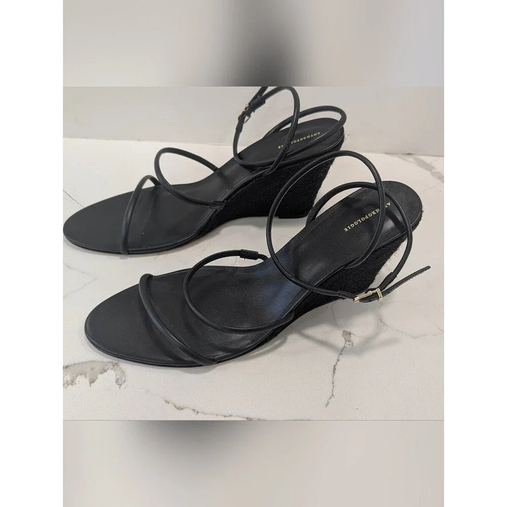 Anthropologie Strappy Black Textured Wedge Heels Size 11 Adjustable Buckle Sexy